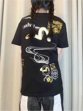 Evisu Black Multi-Pockets Short Sleeve Tee with Yellow & White Graphic